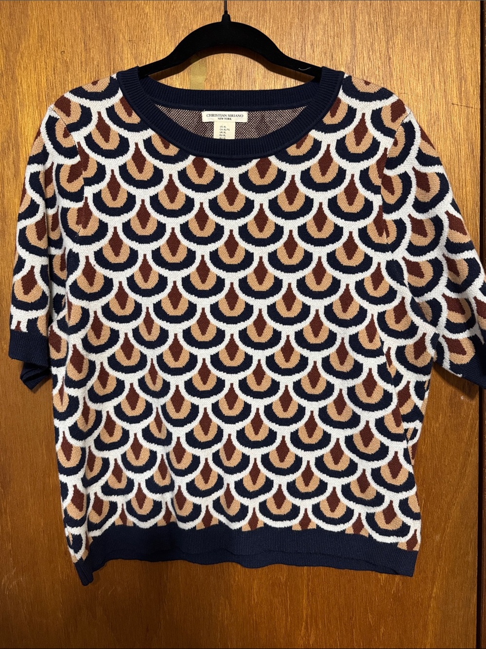 Christian Siriano Navy, Brown & Cream Short Sleeve Knit Top